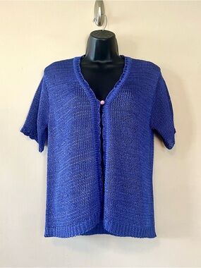 Y2k single button front cardigan M L blue coastal crochet slinky knit